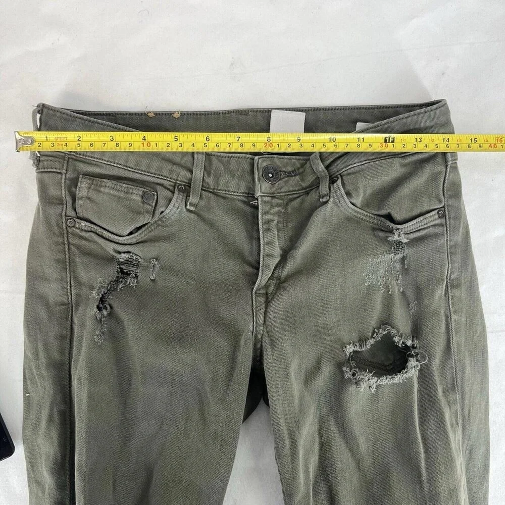 H&M‎ Green Olive Super Skinny Low Waist Distressed Denim Jeans Ripped Knee 31